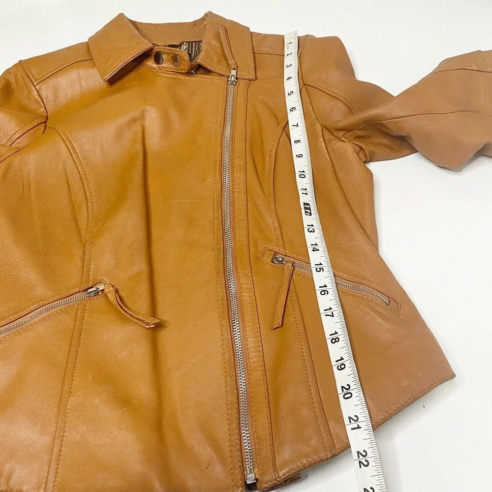 Twiggy of London Tan Leather Full Zip Moto Jacket Hipster Biker Punk Rock Small - Picture 7 of 12